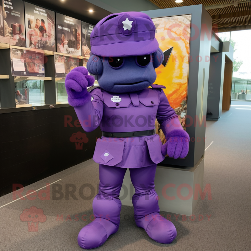 Purple Soldier mascot costume character dressed with a Playsuit and Pocket squares Purple Soldier mascot costume character dressed with a Playsuit and Pocket squares