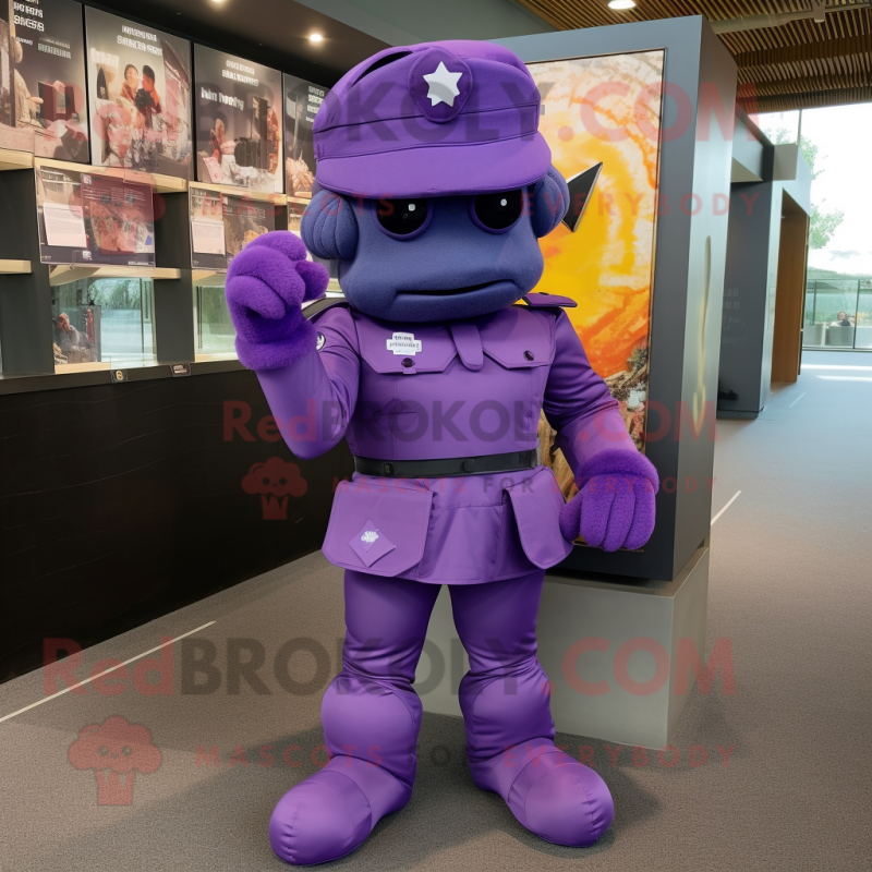 Purple Soldier mascot costume character dressed with a Playsuit and Pocket squares