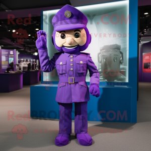 Purple Soldier mascot costume character dressed with a Playsuit and Pocket squares