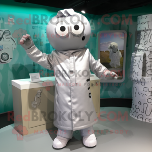 Silver Doctor mascot costume character dressed with a Raincoat and Scarves