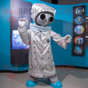 Silver Doctor mascot costume character dressed with a Raincoat and Scarves