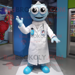 Silver Doctor mascot costume character dressed with a Raincoat and Scarves