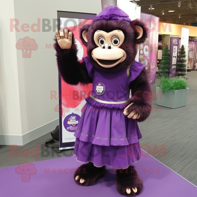 Purple Chimpanzee mascot costume character dressed with a Empire Waist Dress and Hair clips Purple Chimpanzee mascot costume character dressed with a Empire Waist Dress and Hair clips