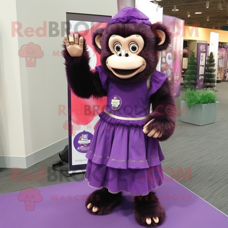 Purple Chimpanzee mascot costume character dressed with a Empire Waist Dress and Hair clips