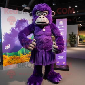 Purple Chimpanzee mascot costume character dressed with a Empire Waist Dress and Hair clips