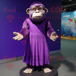 Purple Chimpanzee mascot costume character dressed with a Empire Waist Dress and Hair clips