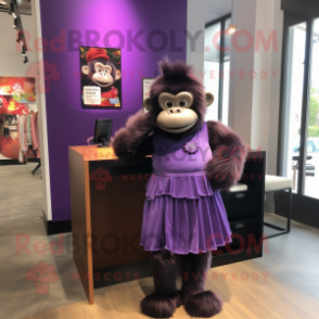 Purple Chimpanzee mascot costume character dressed with a Empire Waist Dress and Hair clips