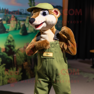 Olive Weasel mascot costume character dressed with a Dungarees and Gloves