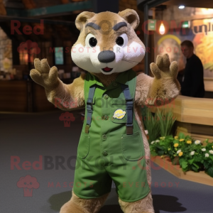 Olive Weasel mascot costume character dressed with a Dungarees and Gloves
