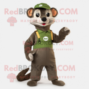 Olive Weasel mascot costume character dressed with a Dungarees and Gloves