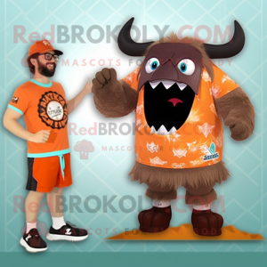 Peach Minotaur mascot costume character dressed with a Board Shorts and Hats