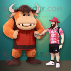 Peach Minotaur mascot costume character dressed with a Board Shorts and Hats