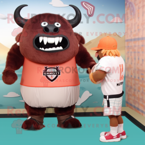 Peach Minotaur mascot costume character dressed with a Board Shorts and Hats