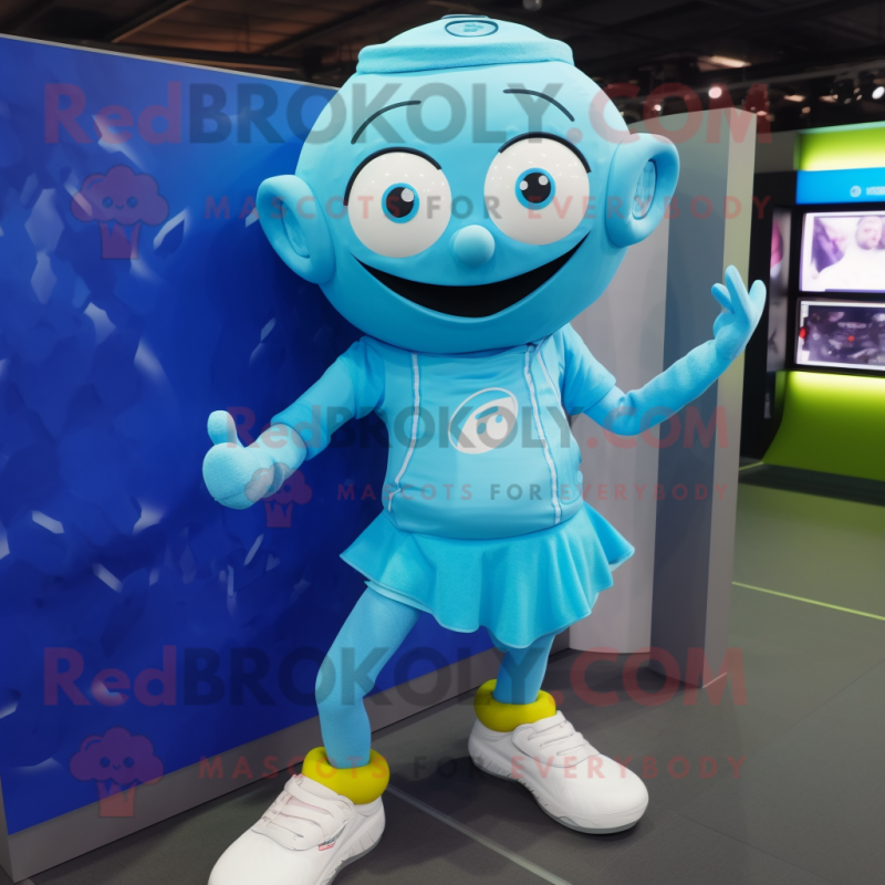 Cyan Alliance mascot costume character dressed with a Mini Skirt and Foot pads