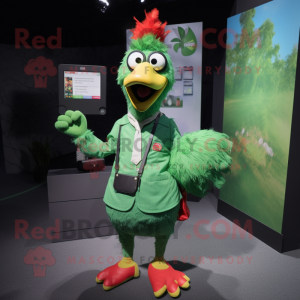 Green Rooster mascot costume character dressed with a Button-Up Shirt and Wallets