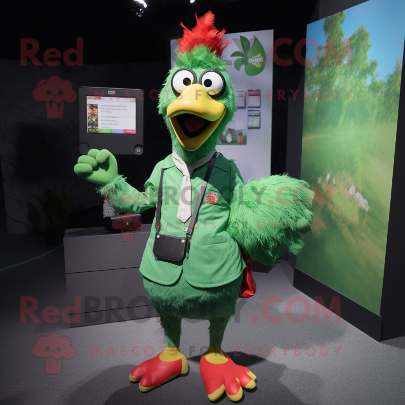 Green Rooster mascot costume character dressed with a Button-Up Shirt and Wallets Green Rooster mascot costume character dressed with a Button-Up Shirt and Wallets