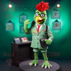 Green Rooster mascot costume character dressed with a Button-Up Shirt and Wallets