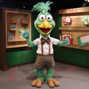 Green Rooster mascot costume character dressed with a Button-Up Shirt and Wallets