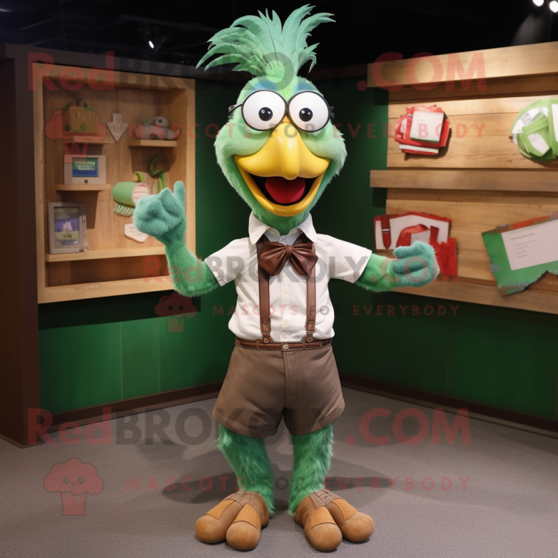Green Rooster mascot costume character dressed with a Button-Up Shirt and Wallets Green Rooster mascot costume character dressed with a Button-Up Shirt and Wallets