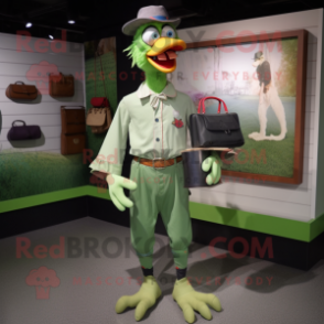 Green Rooster mascot costume character dressed with a Button-Up Shirt and Wallets