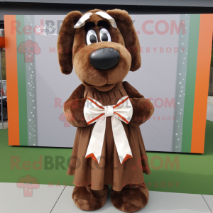 Brown Shepard'S Pie mascot costume character dressed with a Maxi Skirt and Bow ties