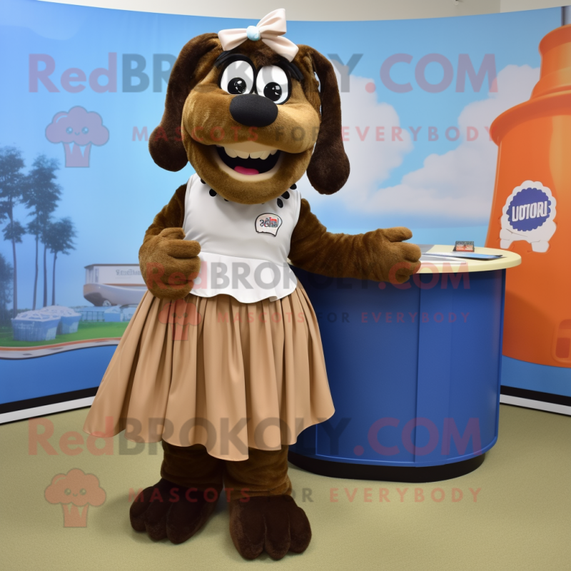 Brown Shepard'S Pie mascot costume character dressed with a Maxi Skirt and Bow ties