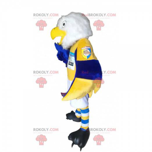 White golden eagle mascot in blue and yellow sportswear -