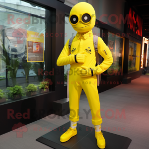 Lemon Yellow Undead mascot costume character dressed with a Jumpsuit and Bracelet watches