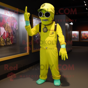 Lemon Yellow Undead mascot costume character dressed with a Jumpsuit and Bracelet watches