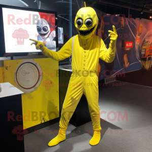 Lemon Yellow Undead mascot costume character dressed with a Jumpsuit and Bracelet watches