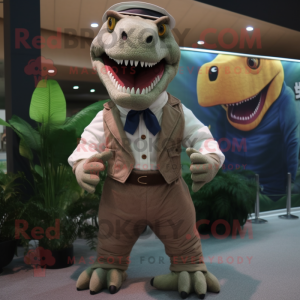 nan Tyrannosaurus mascot costume character dressed with a Corduroy Pants and Ties