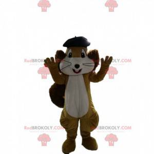 Brown and white squirrel mascot with a black beret -