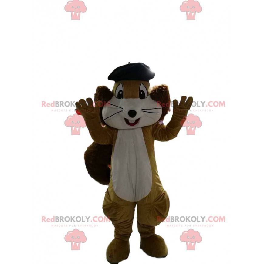 Mascotte bruine en witte eekhoorn met een zwarte baret - Mascotte bruine en witte eekhoorn met een zwarte baret -