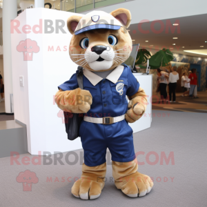 Navy Mountain Lion mascot costume character dressed with a Playsuit and Messenger bags