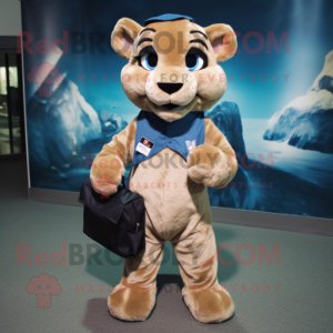 Navy Mountain Lion mascot costume character dressed with a Playsuit and Messenger bags