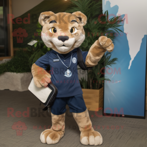 Navy Mountain Lion mascot costume character dressed with a Playsuit and Messenger bags