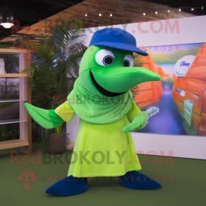Lime Green Dolphin mascot costume character dressed with a Bootcut Jeans and Shawl pins