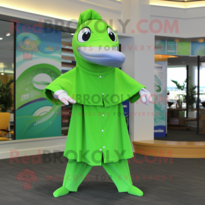 Lime Green Dolphin mascot costume character dressed with a Bootcut Jeans and Shawl pins