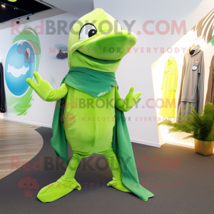 Lime Green Dolphin mascot costume character dressed with a Bootcut Jeans and Shawl pins