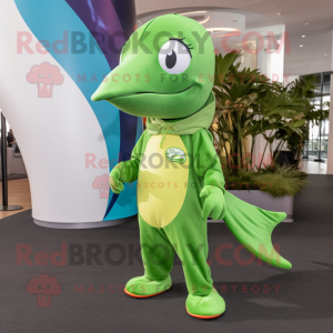 Lime Green Dolphin mascot costume character dressed with a Bootcut Jeans and Shawl pins
