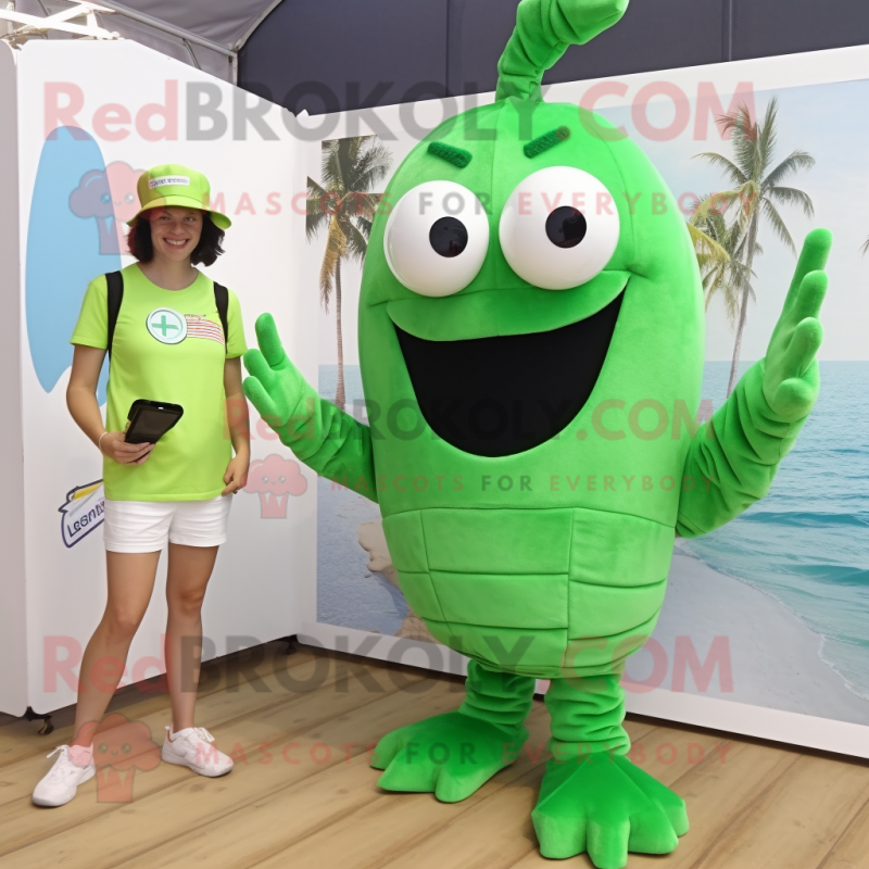 Green Shrimp Scampi mascot costume character dressed with a Bermuda Shorts and Smartwatches