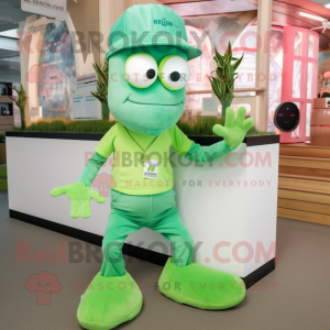 Green Shrimp Scampi mascot costume character dressed with a Bermuda Shorts and Smartwatches