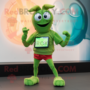 Green Shrimp Scampi mascot costume character dressed with a Bermuda Shorts and Smartwatches
