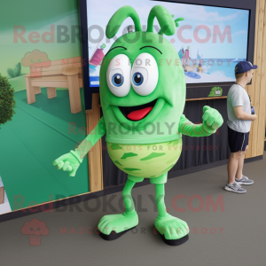 Green Shrimp Scampi mascot costume character dressed with a Bermuda Shorts and Smartwatches