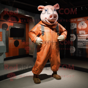 Rust Pig mascot costume character dressed with a Jumpsuit and Handbags