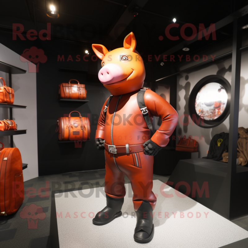 Rust Pig mascot costume character dressed with a Jumpsuit and Handbags