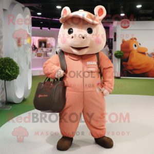 Rust Pig mascot costume character dressed with a Jumpsuit and Handbags