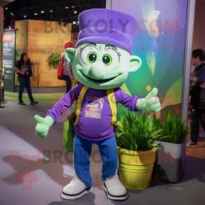 Lavender Pot Of Gold mascot costume character dressed with a Skinny Jeans and Backpacks
