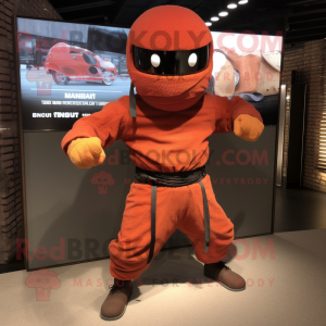 Rust Ninja mascot costume character dressed with a Chinos and Handbags