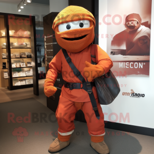 Rust Ninja mascot costume character dressed with a Chinos and Handbags